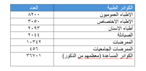 ﻓﻲ ﻋﺎم 2003 ﺑﻠﻎ ﻋﺪد اﻟﻤﺴﺘﺸﻔﯿﺎت اﻟﻌﺎﻣﺔ واﻟﺘﺨﺼﺼﯿﺔ 196 ﻣﺴﺘﺸﻔﻰ وﻋﺪد الأﺳﺮة 30,000 ﺳﺮﯾﺮ. وﺑﻠﻎ ﻋﺪد ﻛﻮادر اﻟﻤﺠﻤﻮﻋﺔ اﻟﻄﺒﯿﺔ واﻟﻤﺴﺎﻋﺪﯾﻦ و ﻛﻮادر اﻟﺘﻤﺮﯾﺾ ﻛﻤﺎ ﯾﺄﺗﻲ: